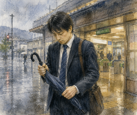 雨　駅から出て傘をさそうとする男性