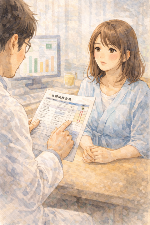 人間ドックの検査結果を聴く女性