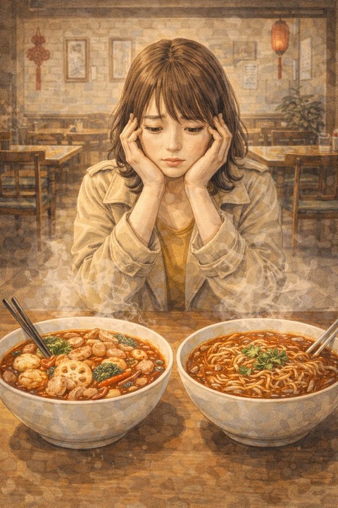 マーラータンと酸辣湯麺で悩む女性