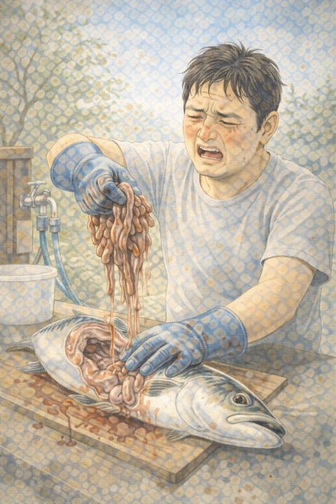 魚のはらわたを取り出す男性