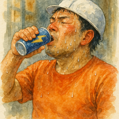 エナジードリンクを飲む作業員