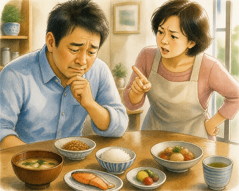 朝食の納豆で悩む男性と怒る妻