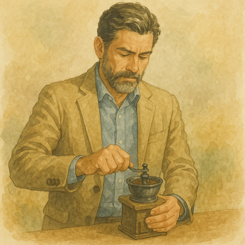 コーヒー豆を挽くダンディな男性