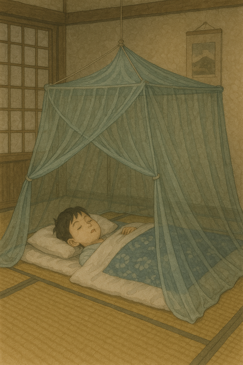 蚊帳を吊って寝る家