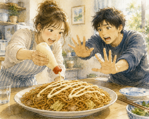 焼きそばにマヨネーズをかける女性