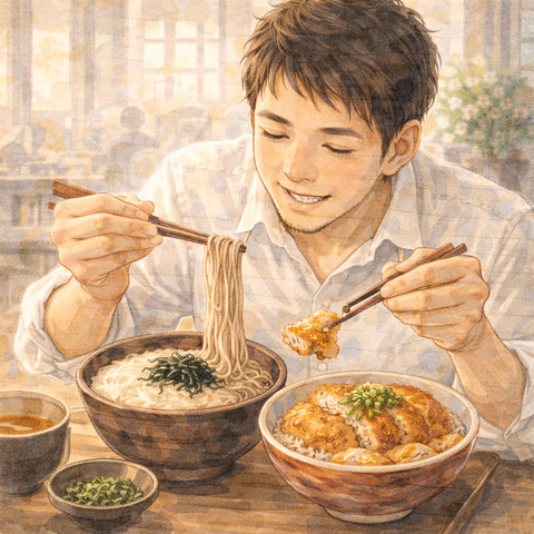とろろそばとかつ丼を食べる男性