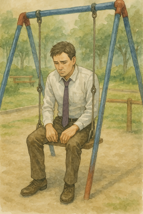 公園のブランコで仕事をやめようか悩む男性