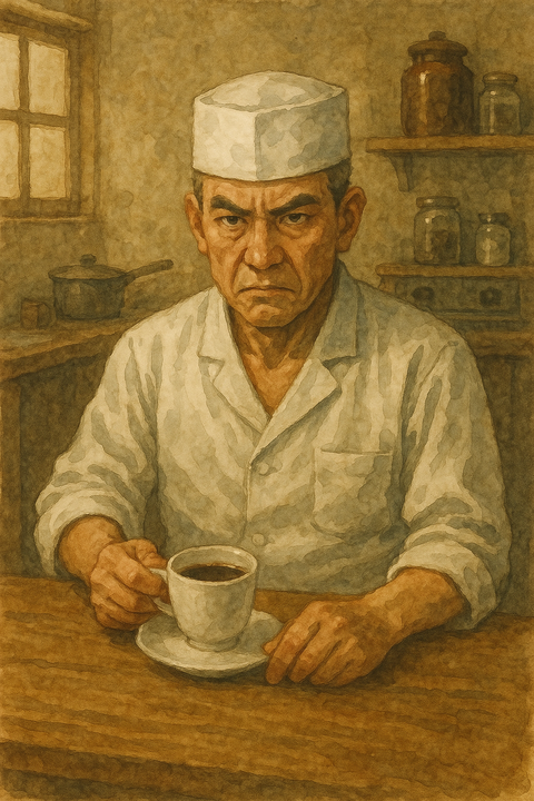 昭和の食卓でコーヒーを飲む料理人