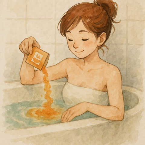 湯船に温泉のもとを入れる女性