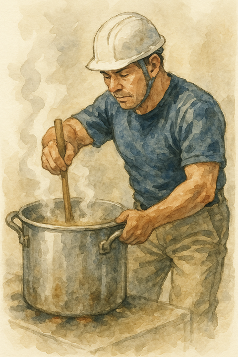 寸胴鍋で料理をする現場職人