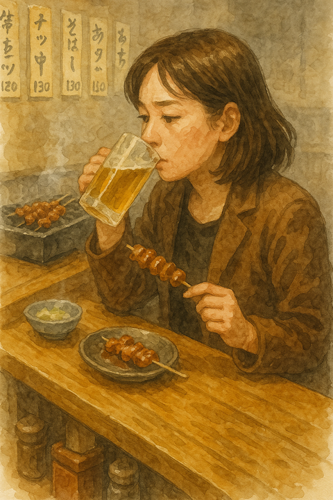 焼鳥屋のカウンターで一人のみする女性