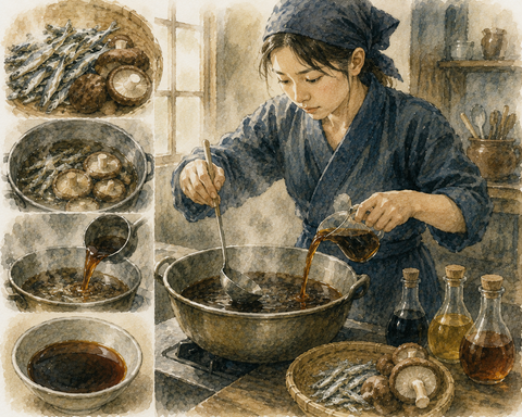 真剣にめんつゆを作る女性