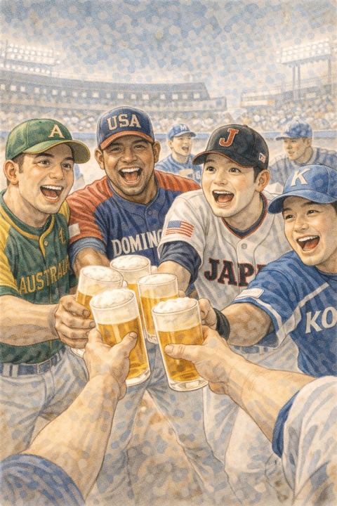 野球の世界大会で乾杯