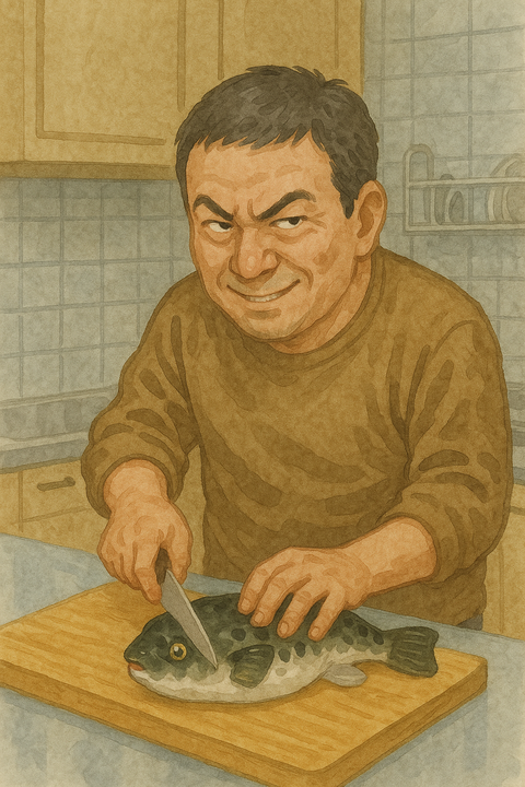 悪そうな顔でフグを下処理する中年男性