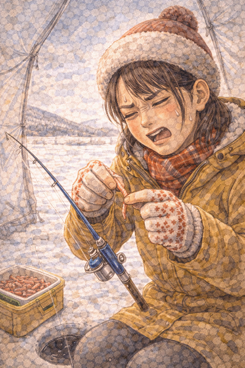 ワカサギ釣りでサシ虫を嫌そうにつける女性