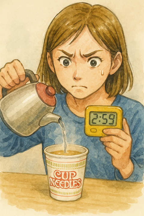 カップラーメン作成の時間を細かく気にする女性
