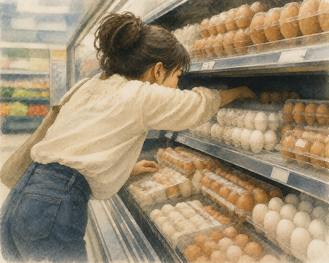 スーパーのタマゴコーナー女性