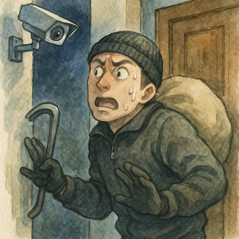 監視カメラに気づいて焦る泥棒