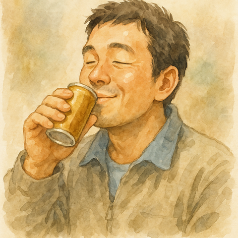 缶コーヒーを美味しそうに飲む男性