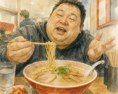 ラーメンを食べるデブ男性