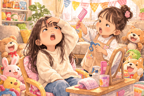 ぬいぐるみ観客と子供のヘアサロンごっこ