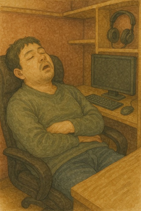 ネットカフェの個室で爆睡する男性