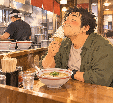ラーメン屋 ソフトクリーム食べる男性