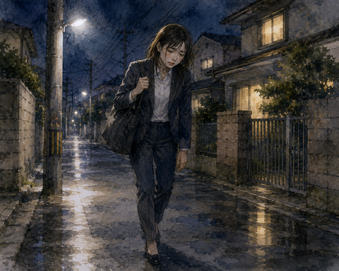 ヘトヘトで住宅街を歩く女性