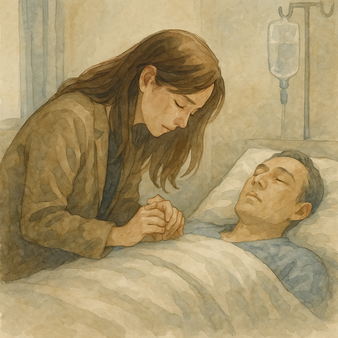 病室で横たわる男性の手を優しく握る妻