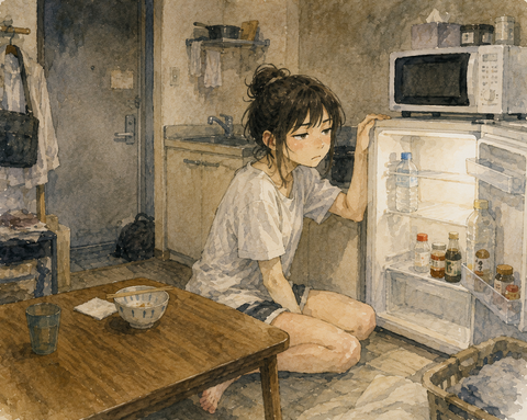 女性 貧乏冷蔵庫は水と最低限の調味料