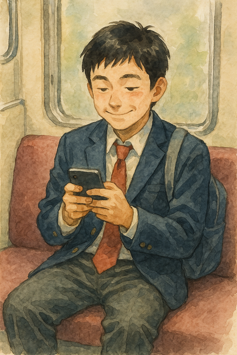 電車の座席でスマホを見る男子高校生