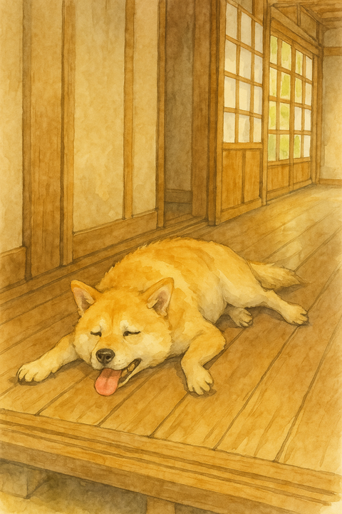 暑すぎて廊下でへばる犬