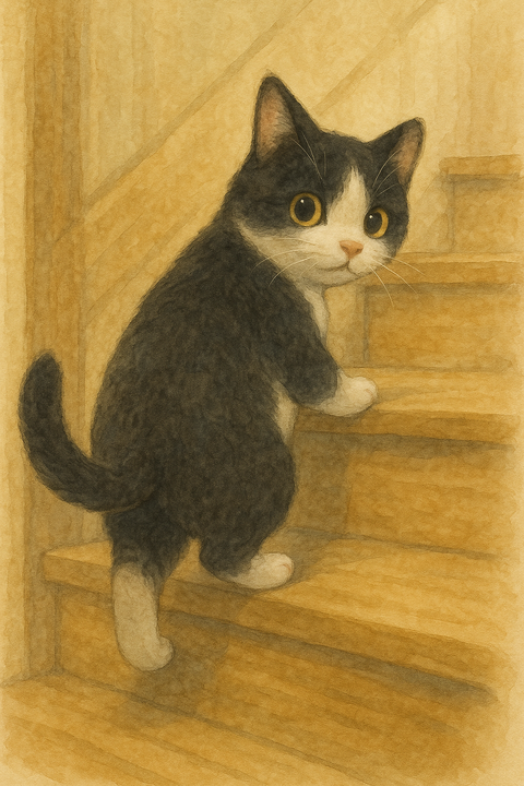 家の階段を上る猫