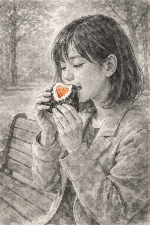 公園のベンチで鮭おにぎりを食べる女性