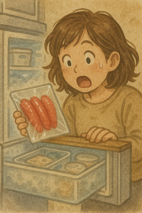 冷凍庫で明太子を見つけてびっくりする女性