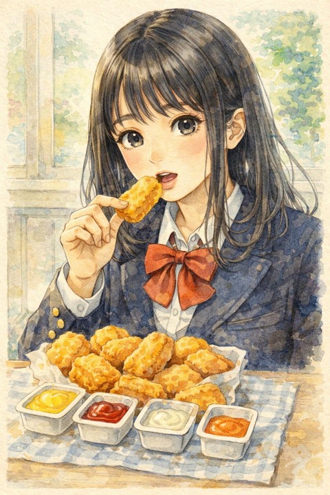 色々なソースでチキンナゲットを食べる女子高生