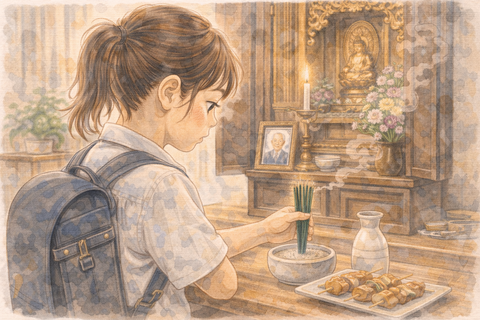 仏壇に線香を供える小学生女子