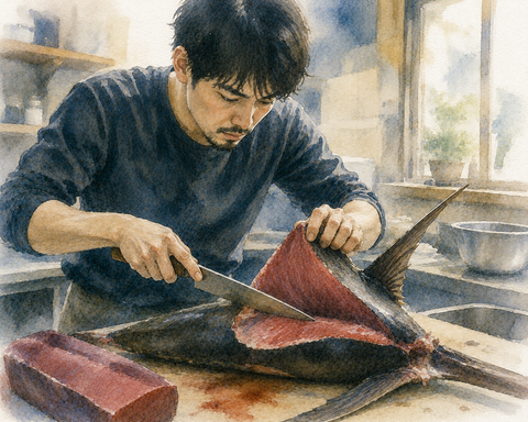 魚を捌く男性