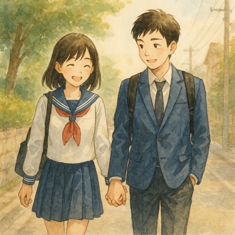 手をつないで歩く高校生カップル