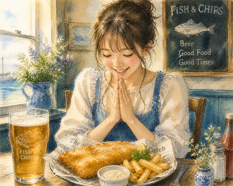 フィッシュアンドチップスとビールの食事を楽しむ女性