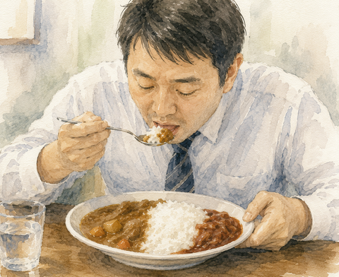 ハヤシカレーを食べる男性