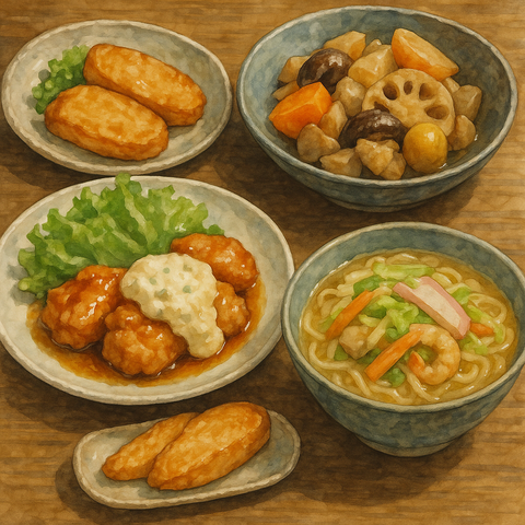 筑前煮、さつま揚げ、ちゃんぽん、チキン南蛮
