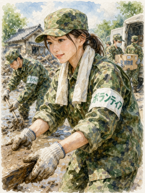 迷彩服を着たボランティア