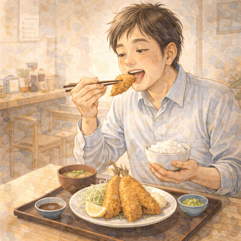 アジフライ定食を食べる中年男性