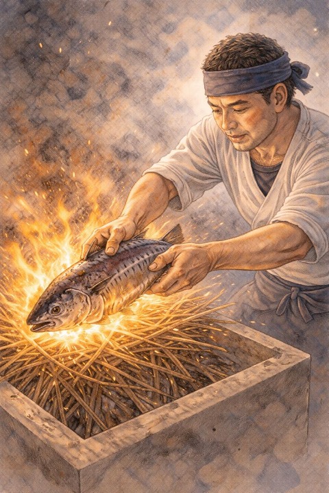 カツオを藁で焼く男性