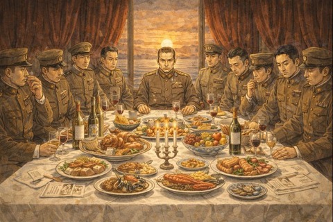 豪華な食事をとる軍人