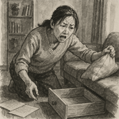 部屋の中で必死に探し物をする女性