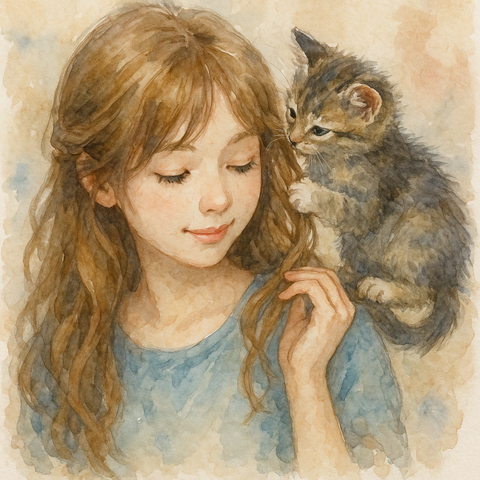 女性の髪をまさぐる子猫