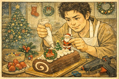ロールケーキをクリスマスケーキに改造する男性