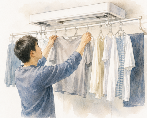 室内乾燥機で洗濯物を乾かす男性